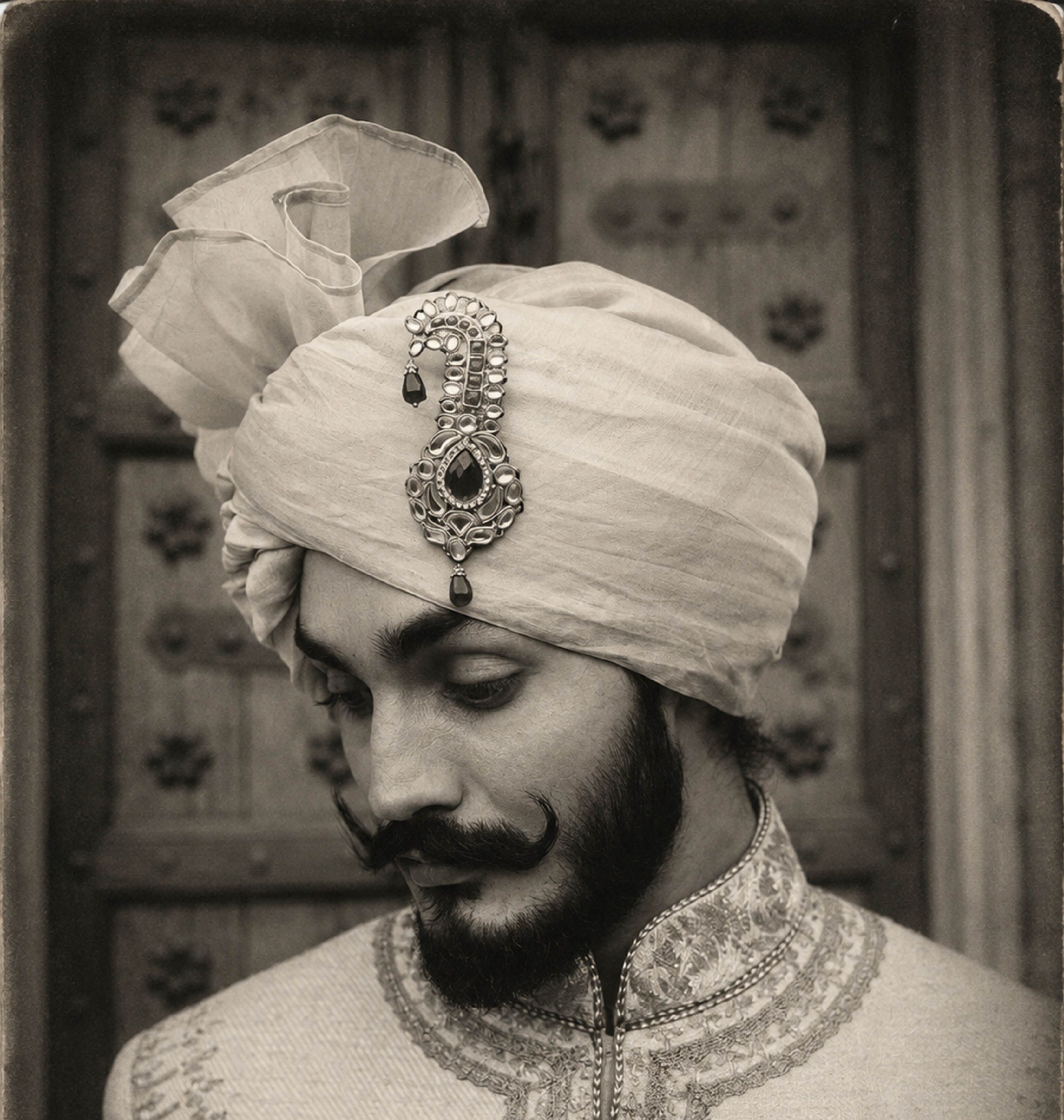Groom in an ivory safa with a polki kalgi pinned at the front, before an old Jaipur door