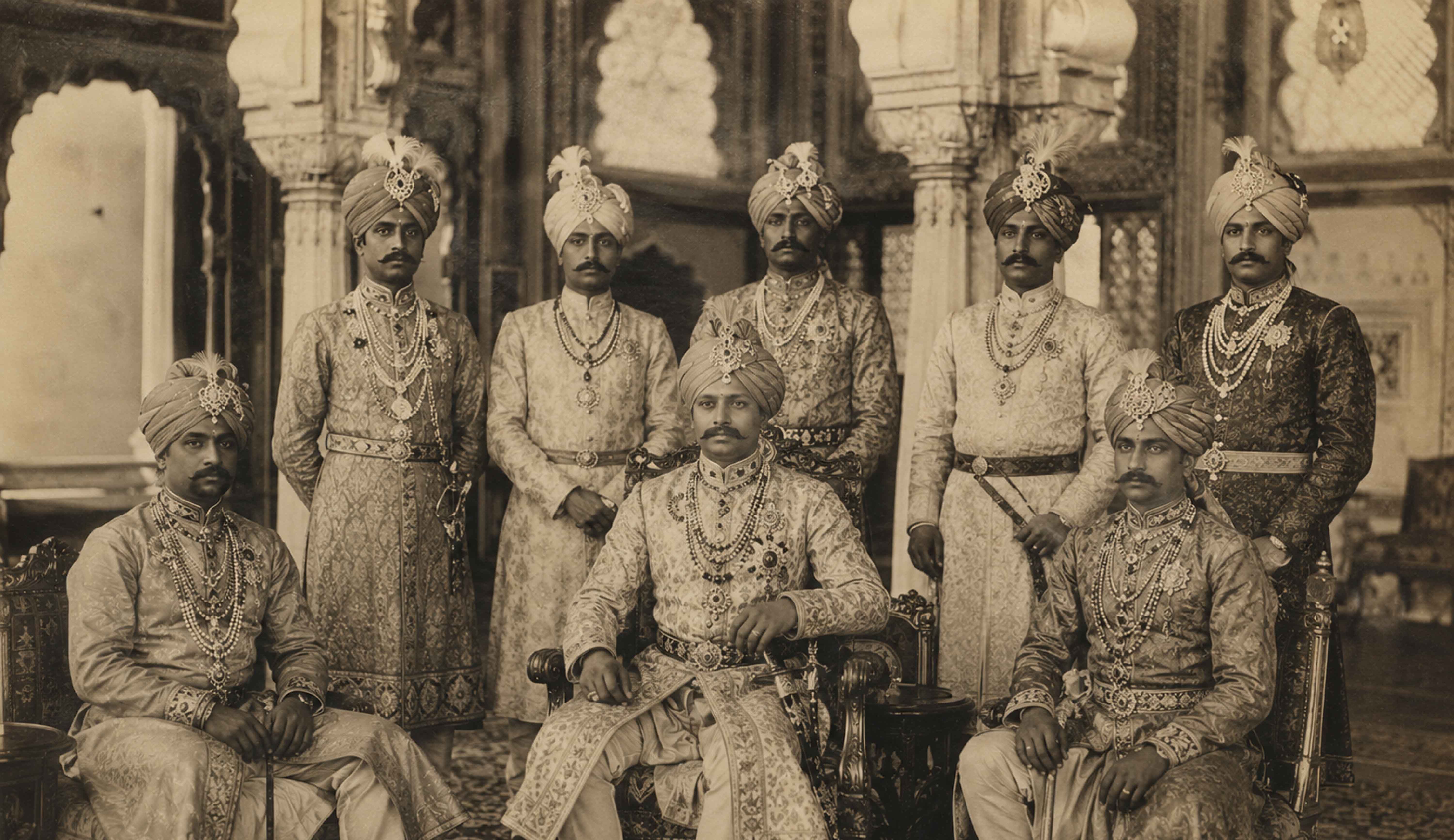 Historic durbar photograph of Indian royalty wearing sarpech and kalgi turban ornaments